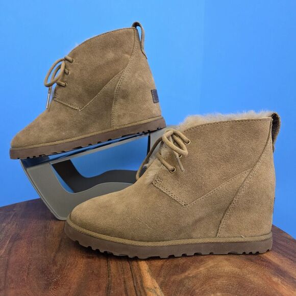 UGG Femme Wedge Ankle Boot Lace Up Women's 6M Chestnut Faux Fur Lined - Picture 4 of 11